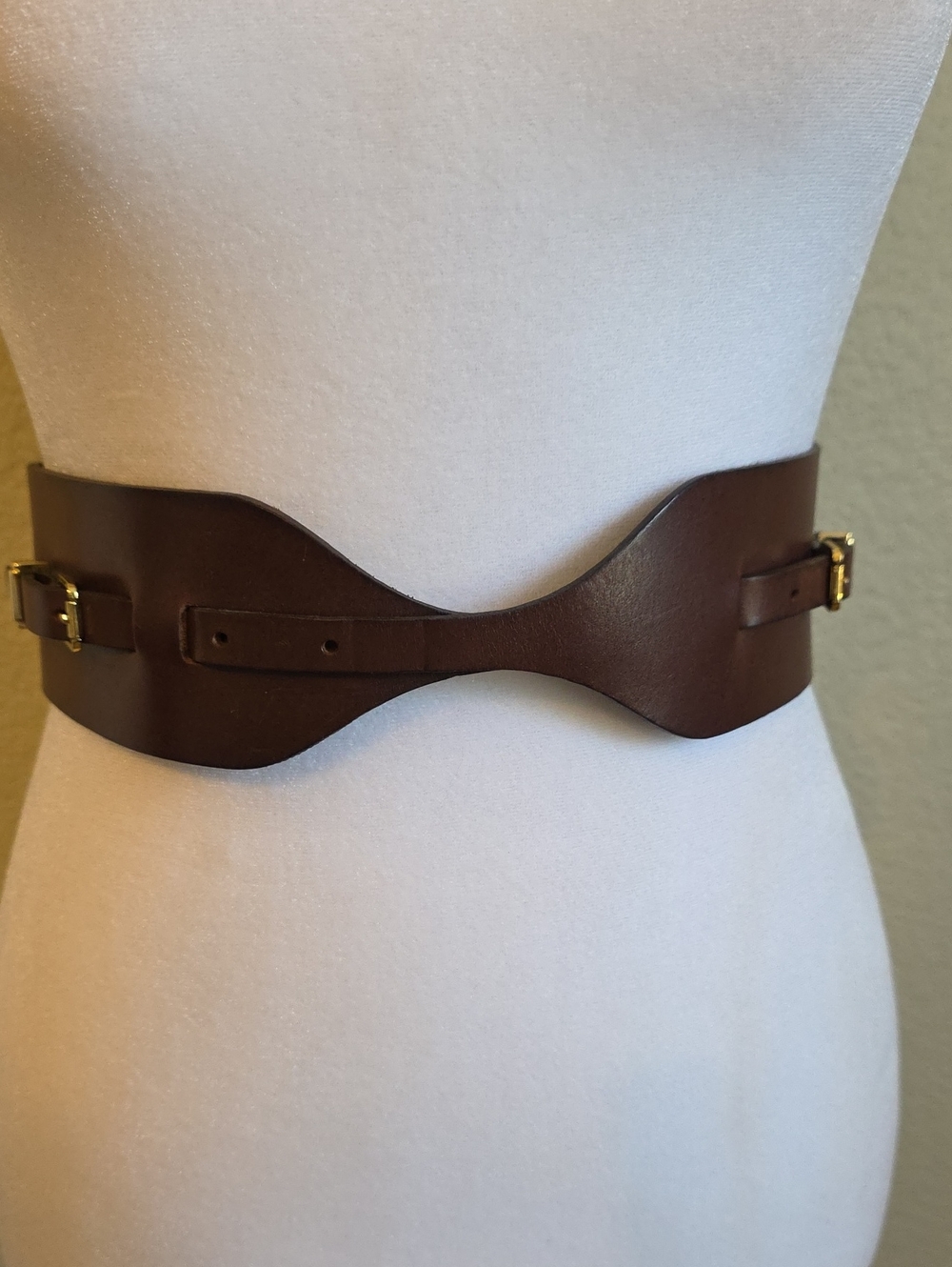 TORY BURCH Wide Brown Leather Waist Belt with Gold Buckles